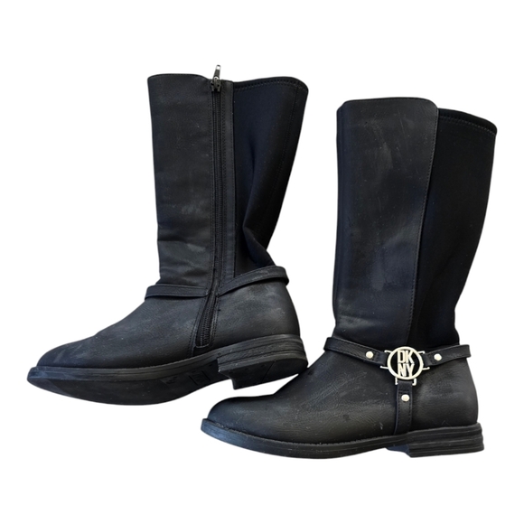 DKNY Girls Black Emma Harness Faux Leather Boots Kids Size 3 Black Silver - Picture 1 of 14